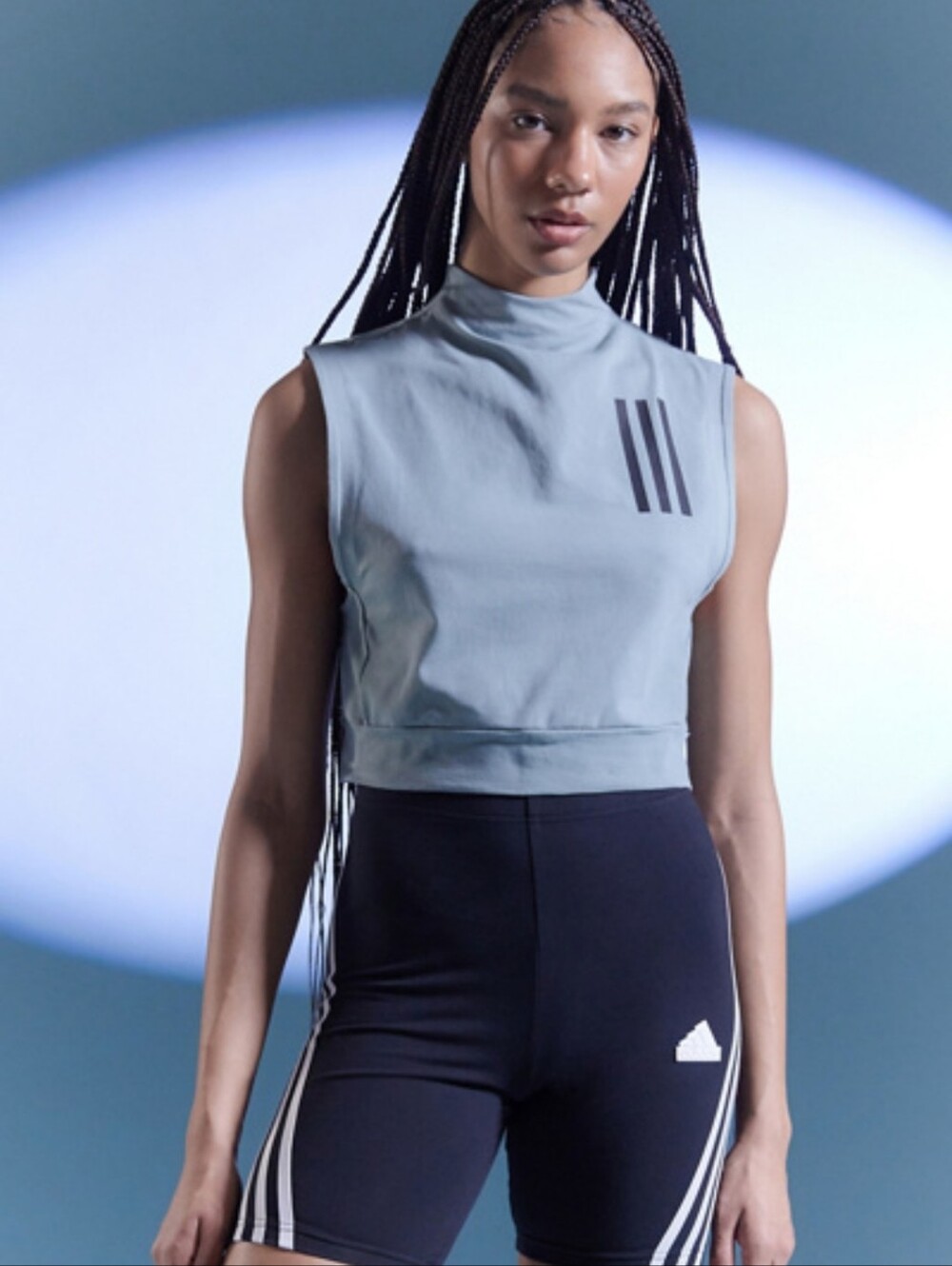 Adidas Sage Sleeveless Mock Neck Crop Top with Black Stripes